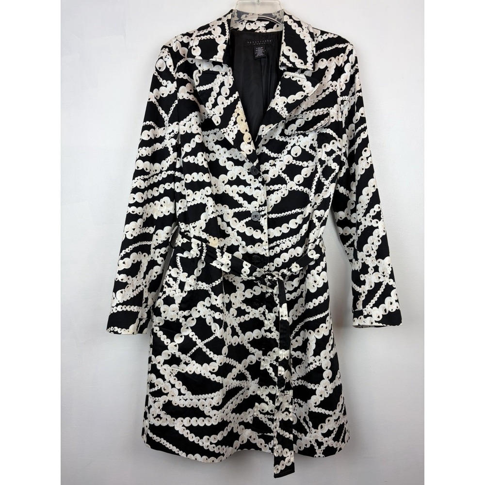 Apostrophe Trench Coat Womens Large Black White Pearl Print Old Money Classic